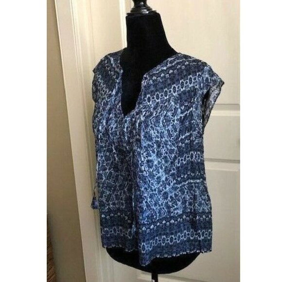 Rebecca Taylor Silk Cotton Blouse Womens 0 Blue Sleeveless Paisley Peasant Top - Picture 3 of 7
